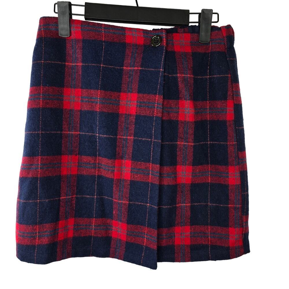 Earth Music & Ecology Red Navy Plaid Wool Blend Faux Wrap Skirt Size M NWOT